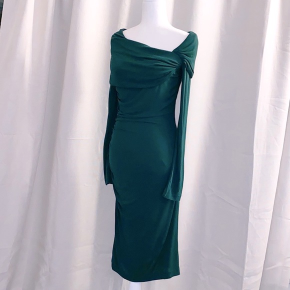 NWT BADGLEY MISCHKA Green Turn Over Formal Ruched Sheath Dress Size 6 - Picture 3 of 11